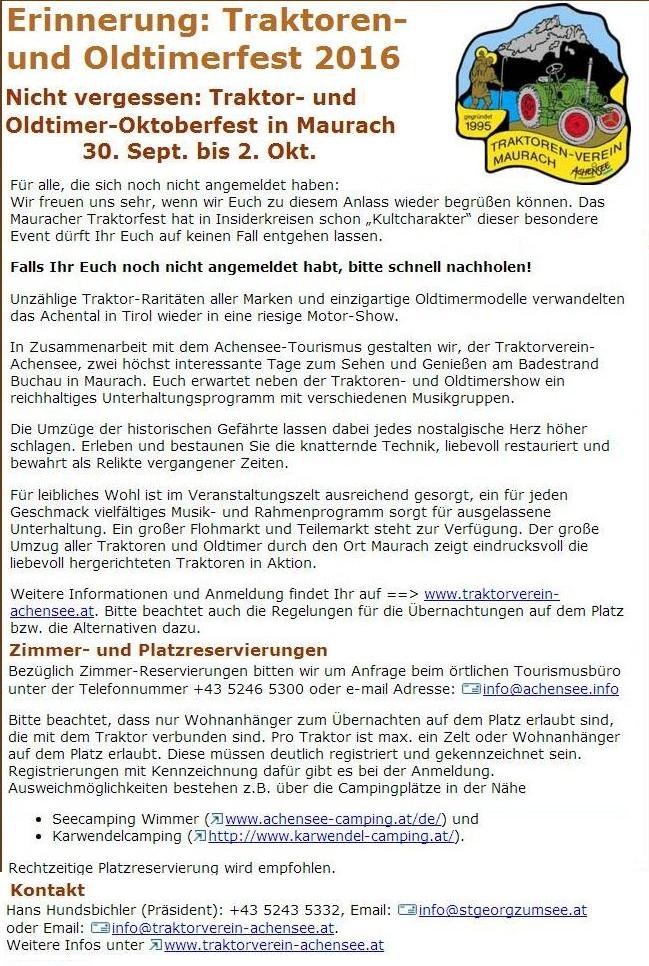 Maurach Traktor und Oldtimer-Oktoberfest 30. Sept. bis 2. Okt. 2016