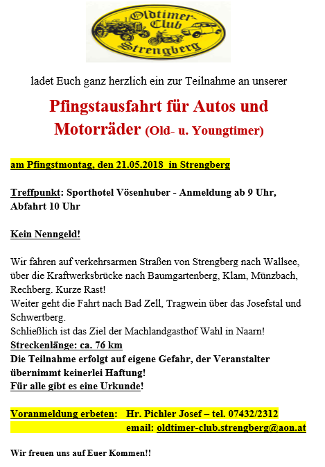 Strengberg Pfingstausfahrt Autos und Motorräder Mo 21.05.2018